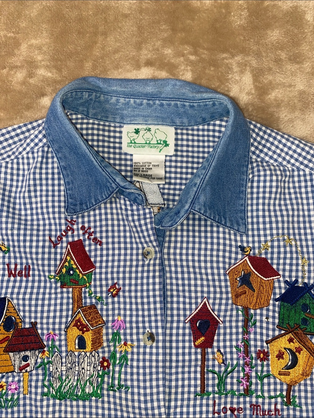 Quaker Factory Blue Gingham Button-Up Shirt with Embroidered Birdhouses - Picture 5 of 7
